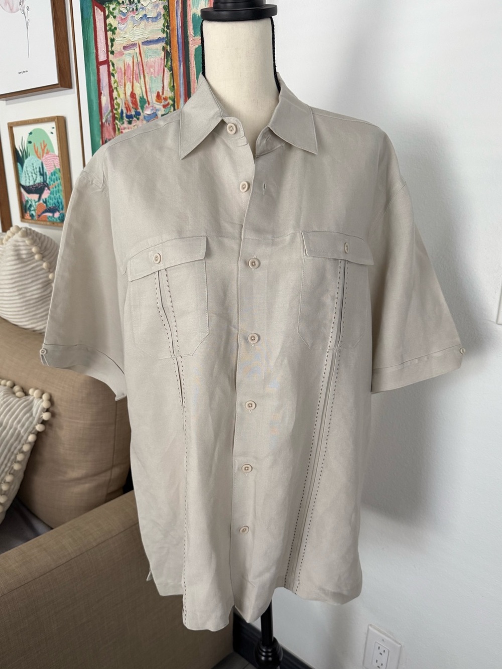 Cubavera Beige Ramie Rayon Camp Shirt Size Large